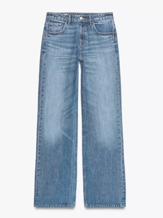 Zara Wide Leg Mid Rise Loose Fit Medium Wash Denim Jeans Size 6 - Picture 1 of 13